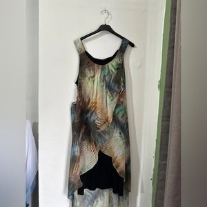 Sleeveless Tropical Print Layered High-Low Dress - Green/Multicolor